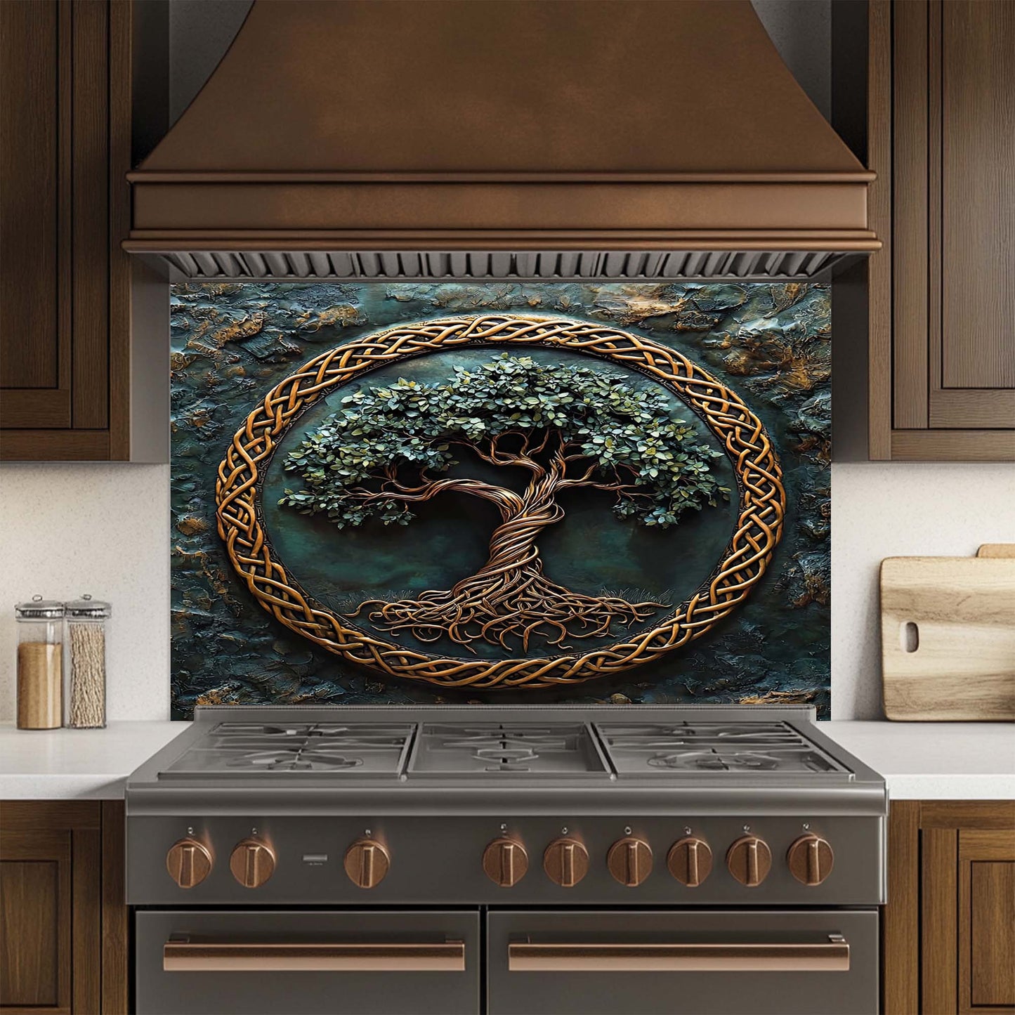 Decorative glass backsplash with a tree design above a stove in a kitchen.
