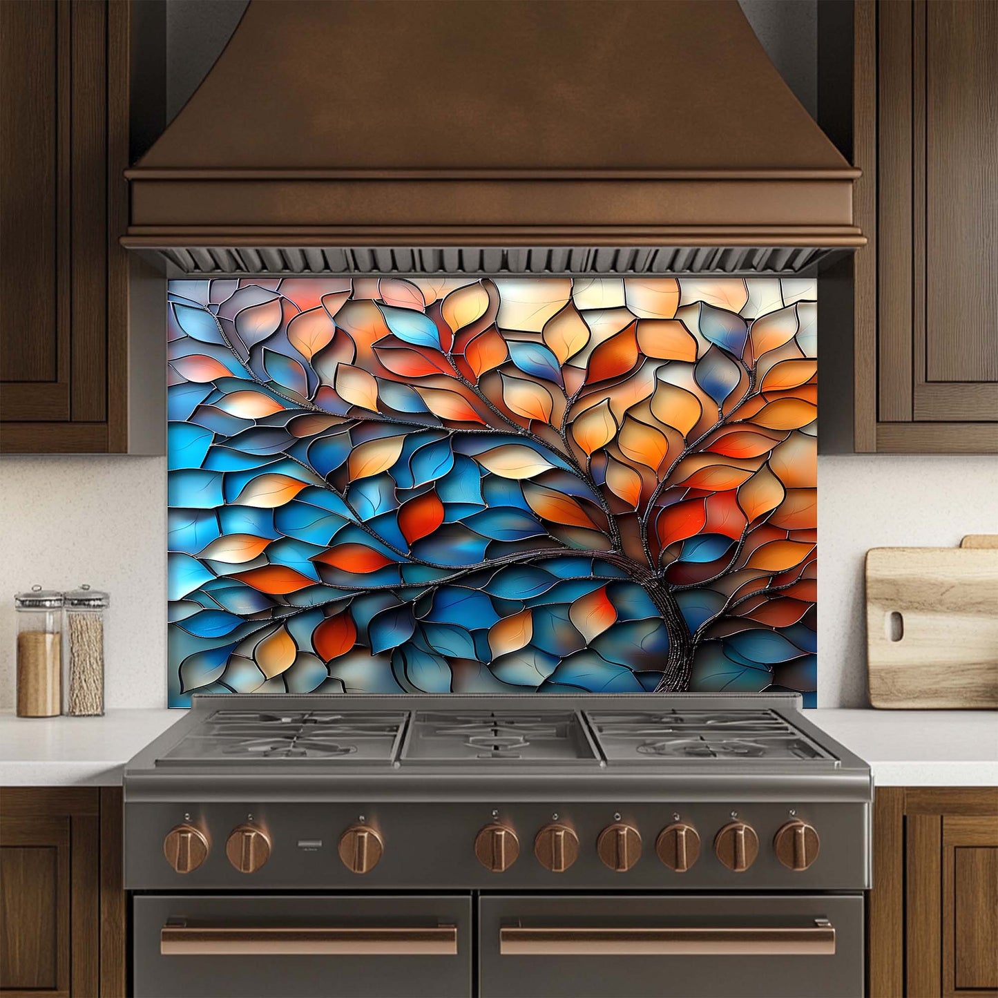 Kitchen stove with a colorful glass splashback featuring leaf patterns.