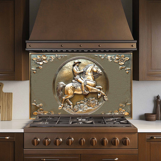 Tempered glass backsplash with copper rider design in modern kitchen.