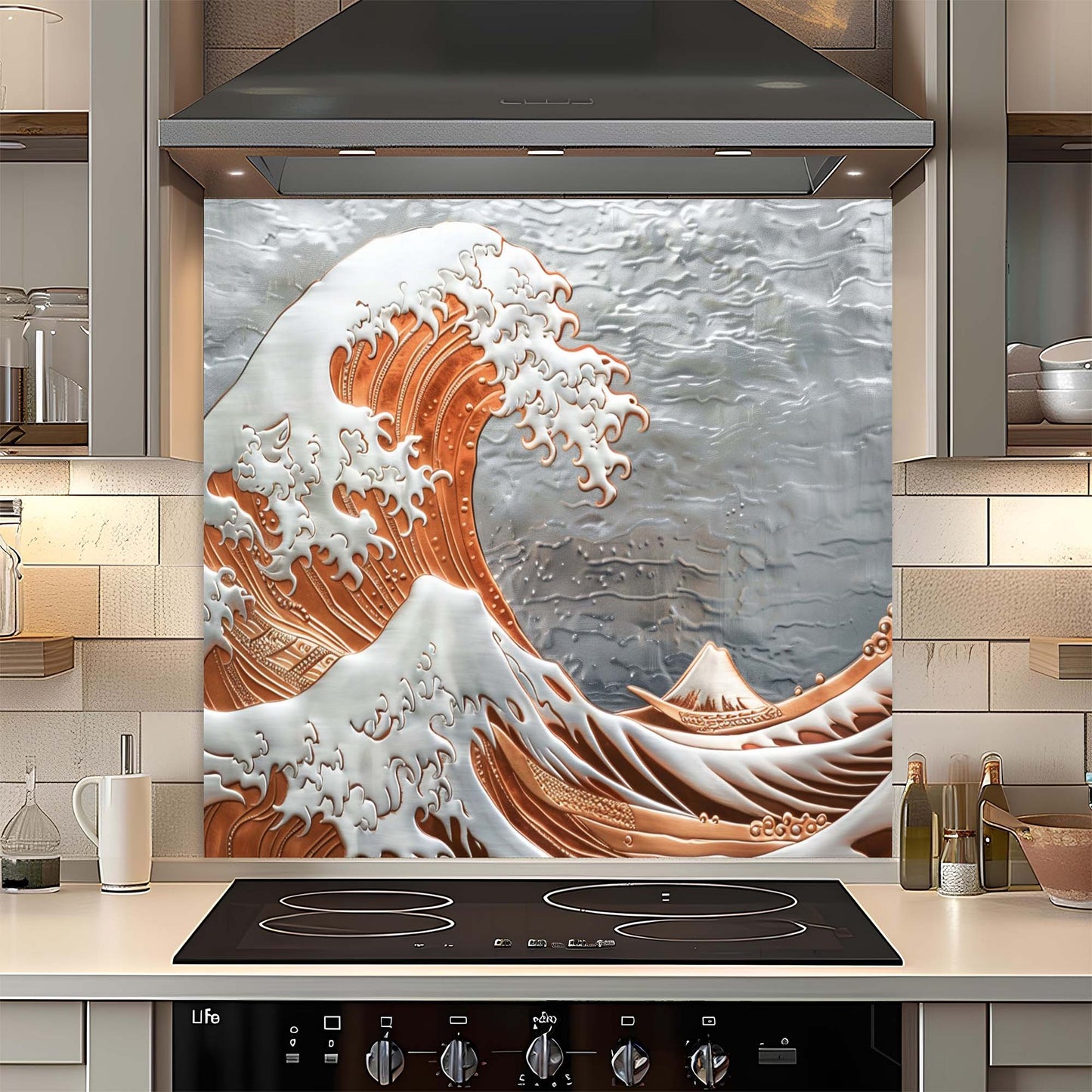 Kitchen glass backsplash with wave design in a modern kitchen setting