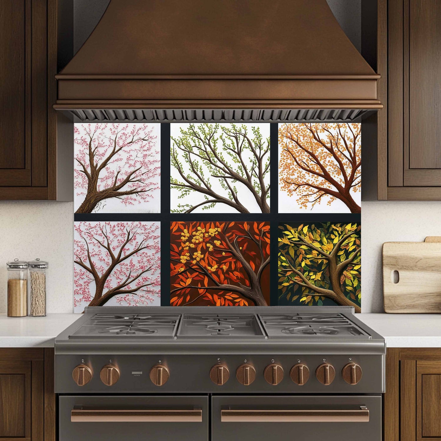 Kitchen stove with decorative glass backsplash featuring trees in different seasons