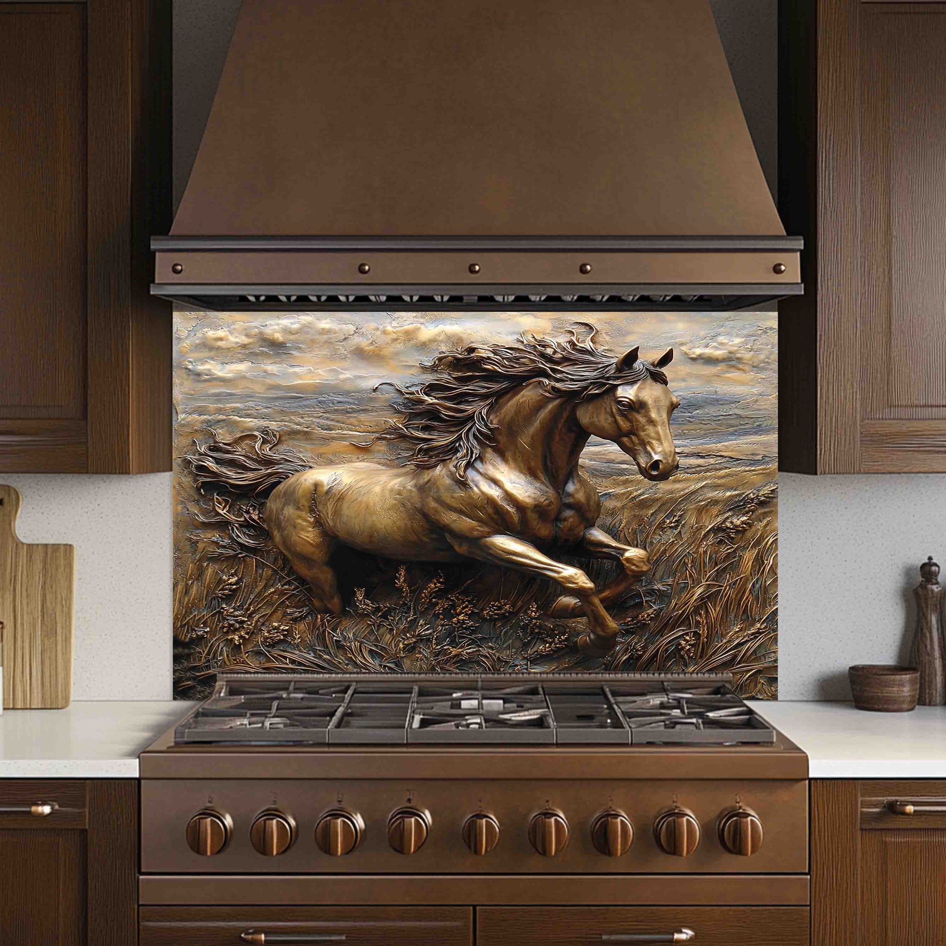 Kitchen stove with a decorative backsplash featuring a horse running scene.