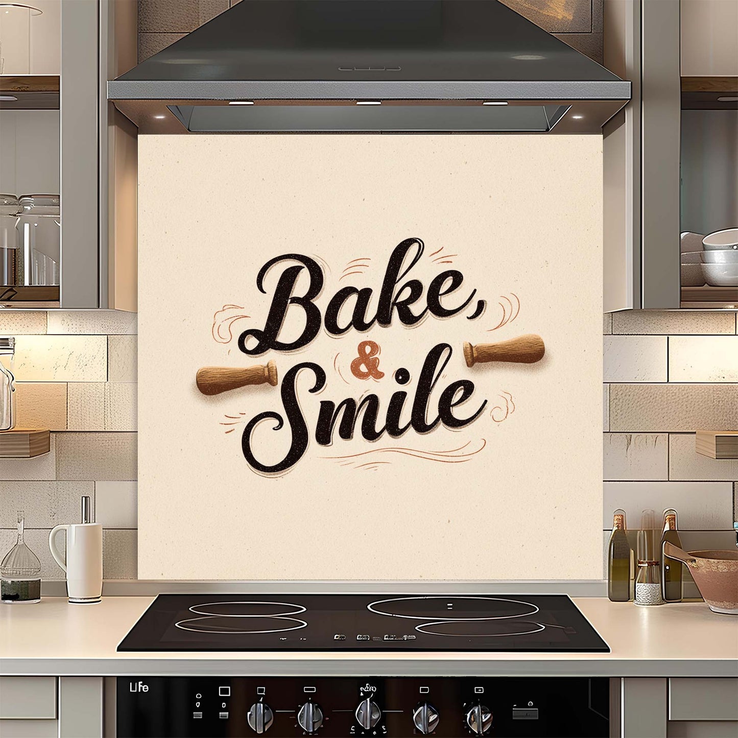 Kitchen wall with 'Bake & Smile' decorative glass backsplash