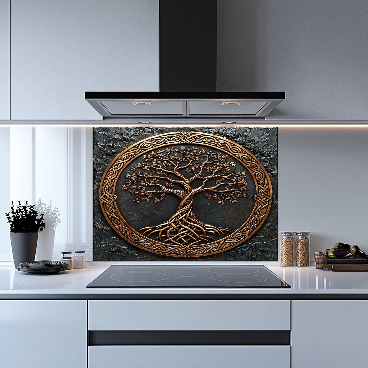 Decorative glass splashback with tree design in a modern kitchen