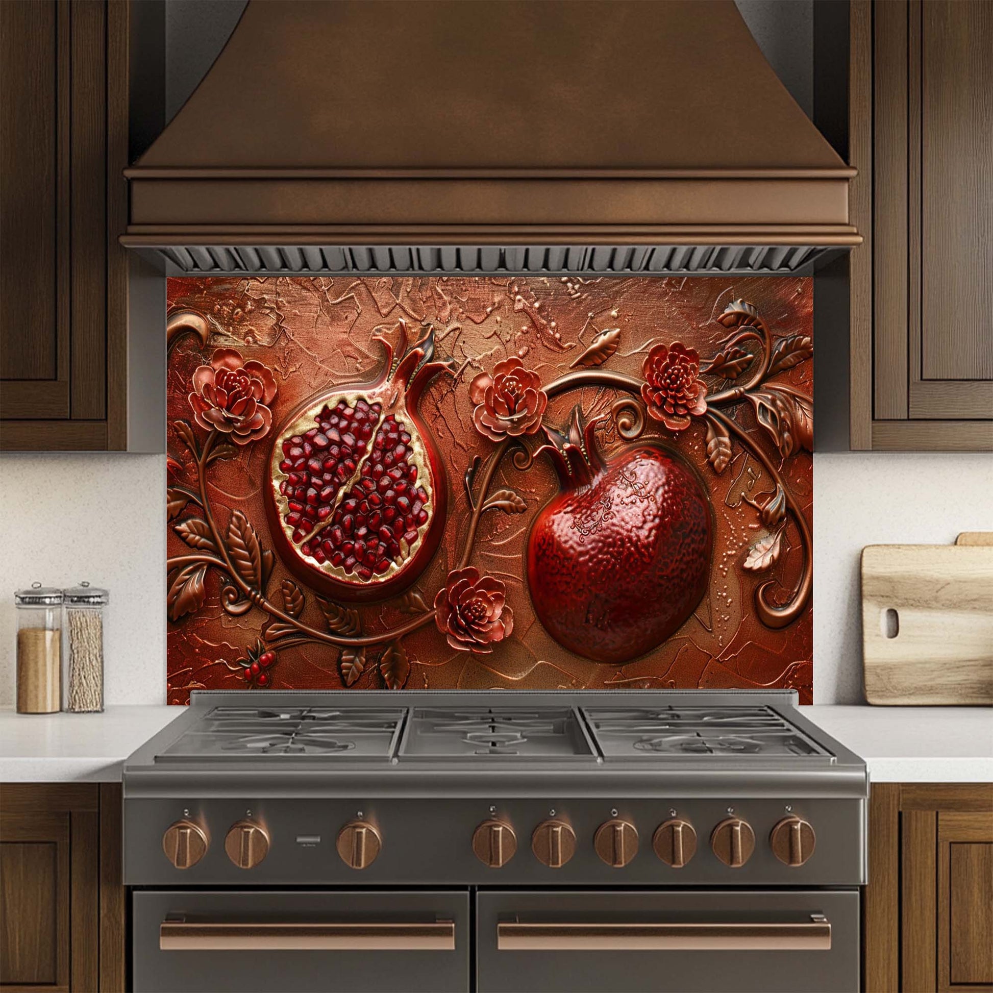 Decorative backsplash with pomegranate design above a stove in a kitchen.