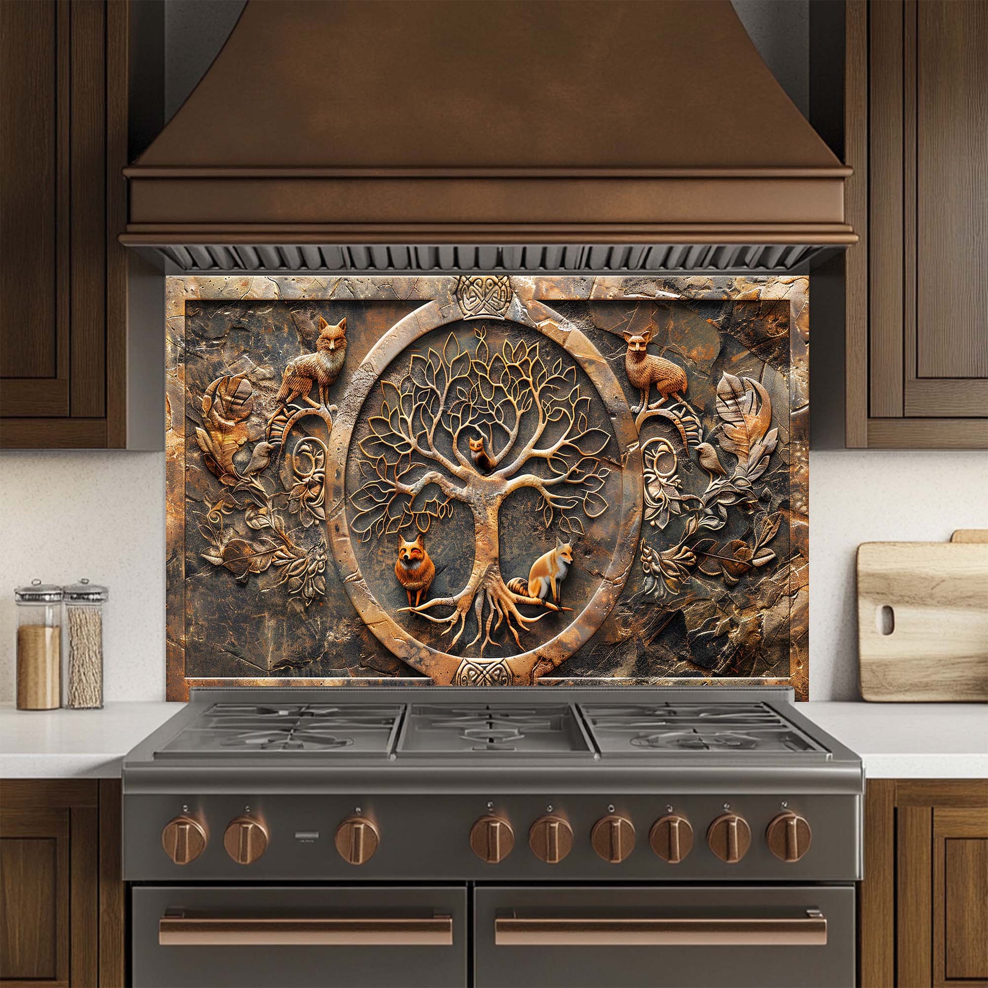 Decorative glass backsplash with tree of life design above a stove in a kitchen.