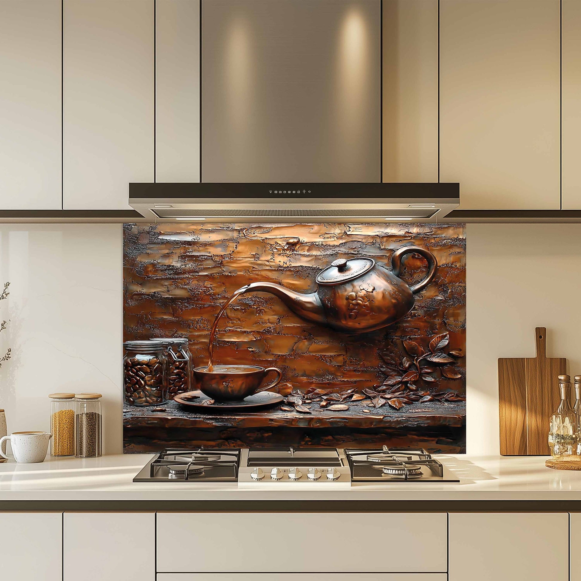 Kitchen with a decorative backsplash featuring a copper teapot and cup scene.