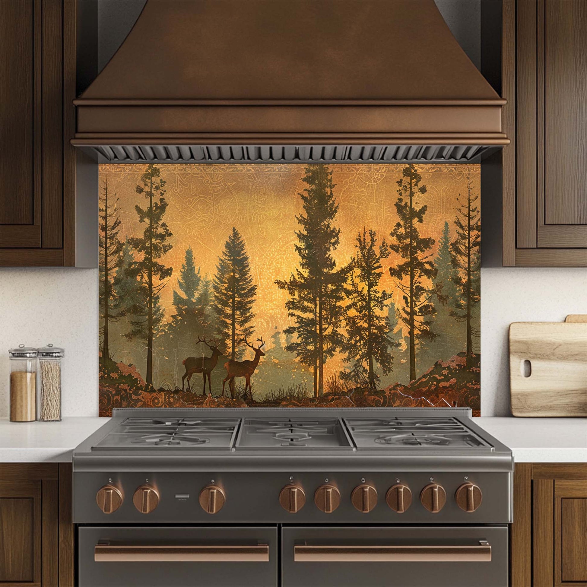Kitchen stove with a decorative glass backsplash featuring trees and deer