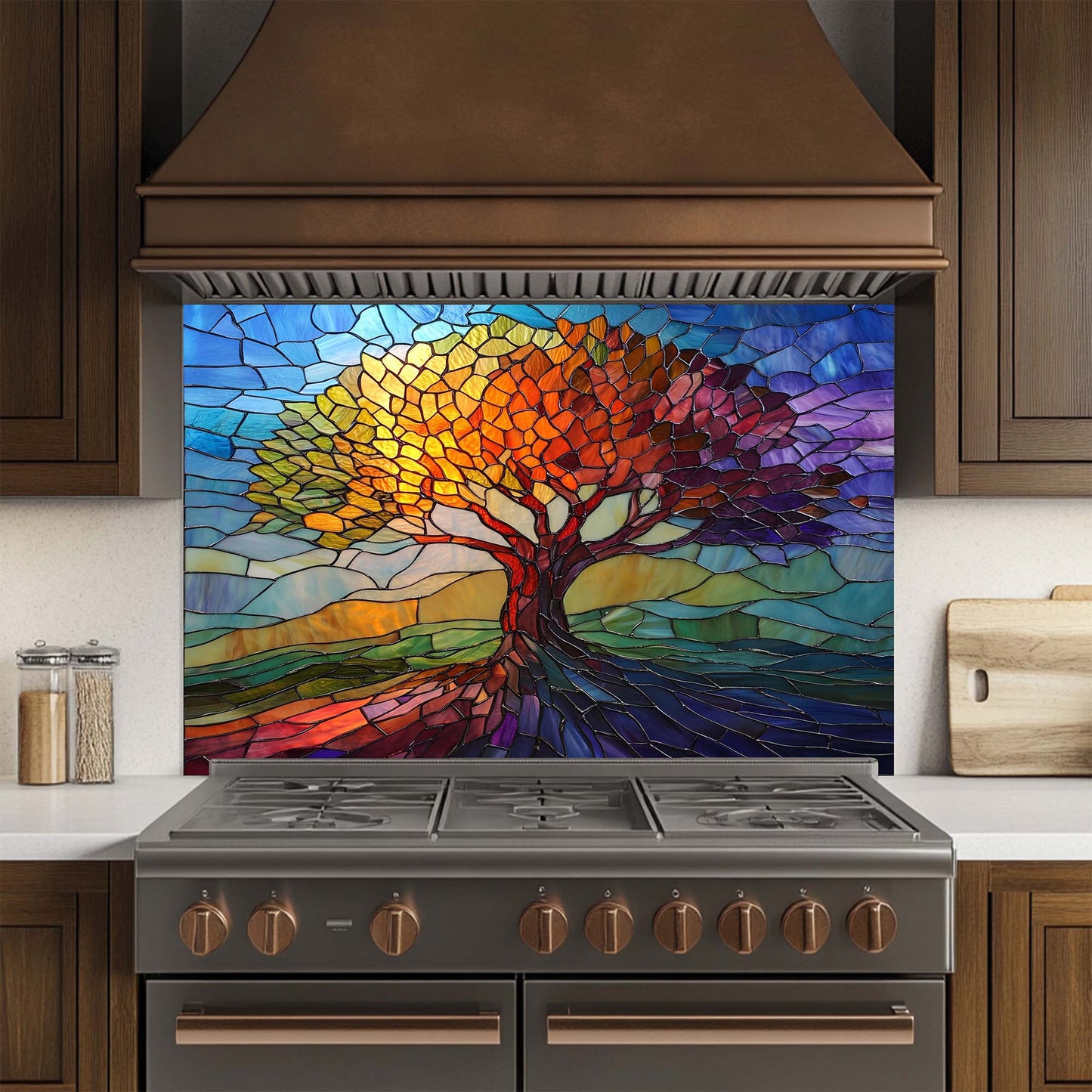 Colorful stained glass tree design backsplash above a kitchen stove