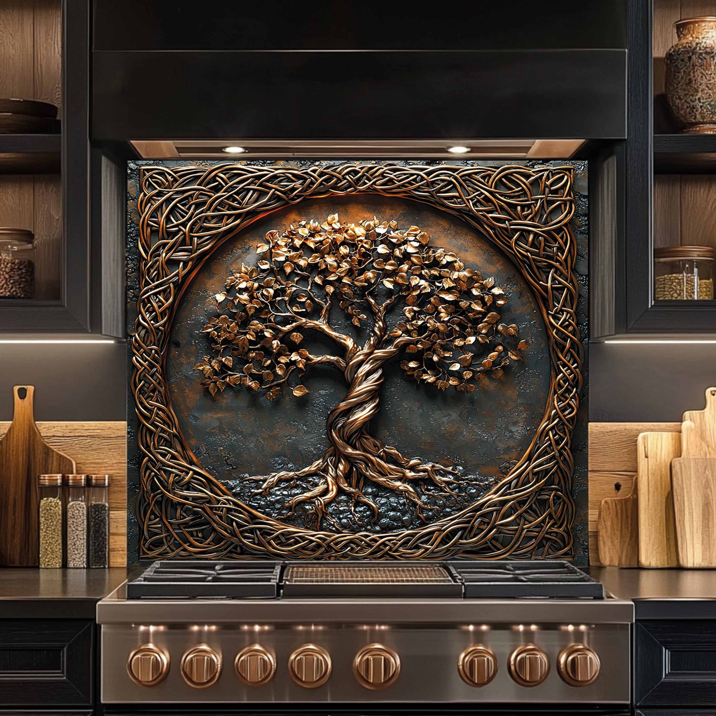 Decorative glass backsplash with a tree design above a stove in a kitchen setting.