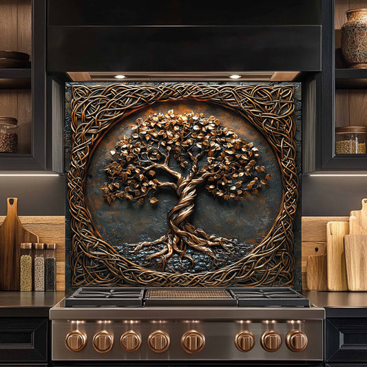 Decorative glass backsplash with a tree design above a stove in a kitchen setting.