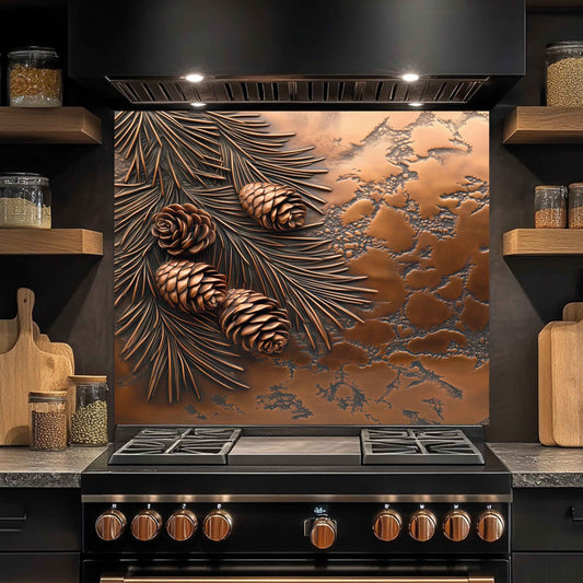 Stainless steel stove with decorative copper look glass backsplash featuring pine cones and leaves.
