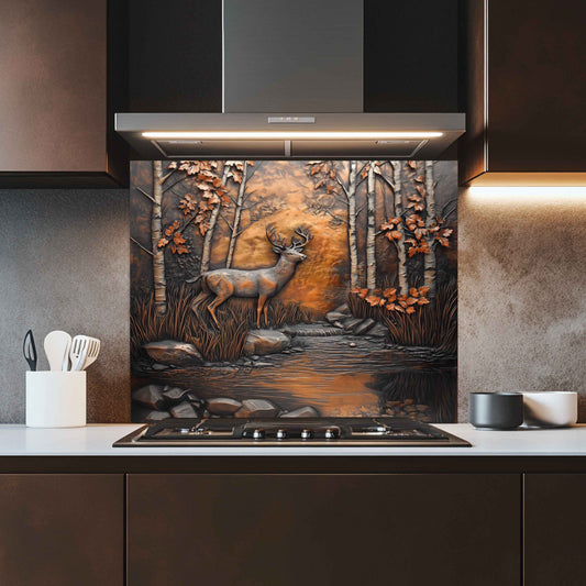 Kitchen with a decorative glass splashback featuring a deer in a forest design.