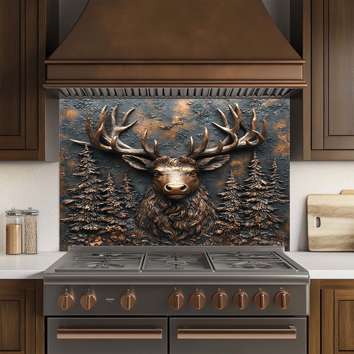 Decorative glass backsplash with deer head design above a stove in a kitchen.