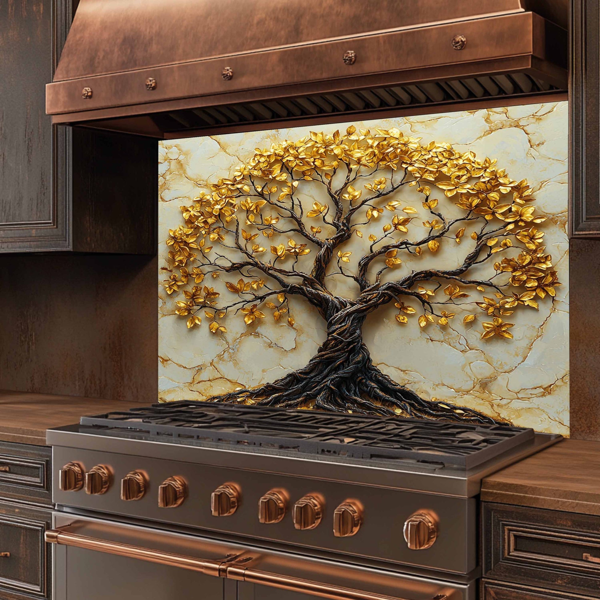 Decorative backsplash with a tree design on a kitchen stove