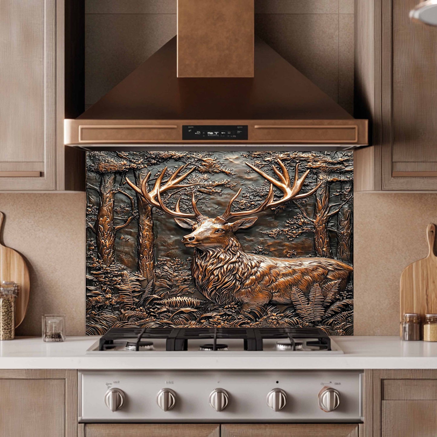 Decorative backsplash with a deer design above a stove in a kitchen.