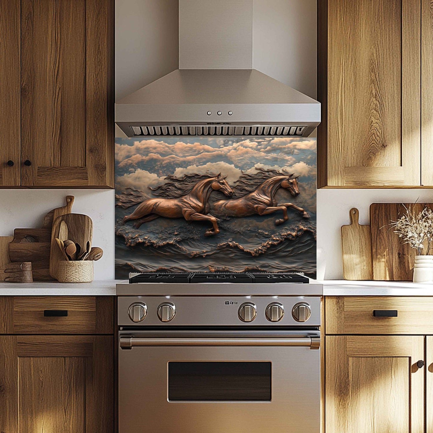 Kitchen with wooden cabinets and a decorative backsplash featuring horses.