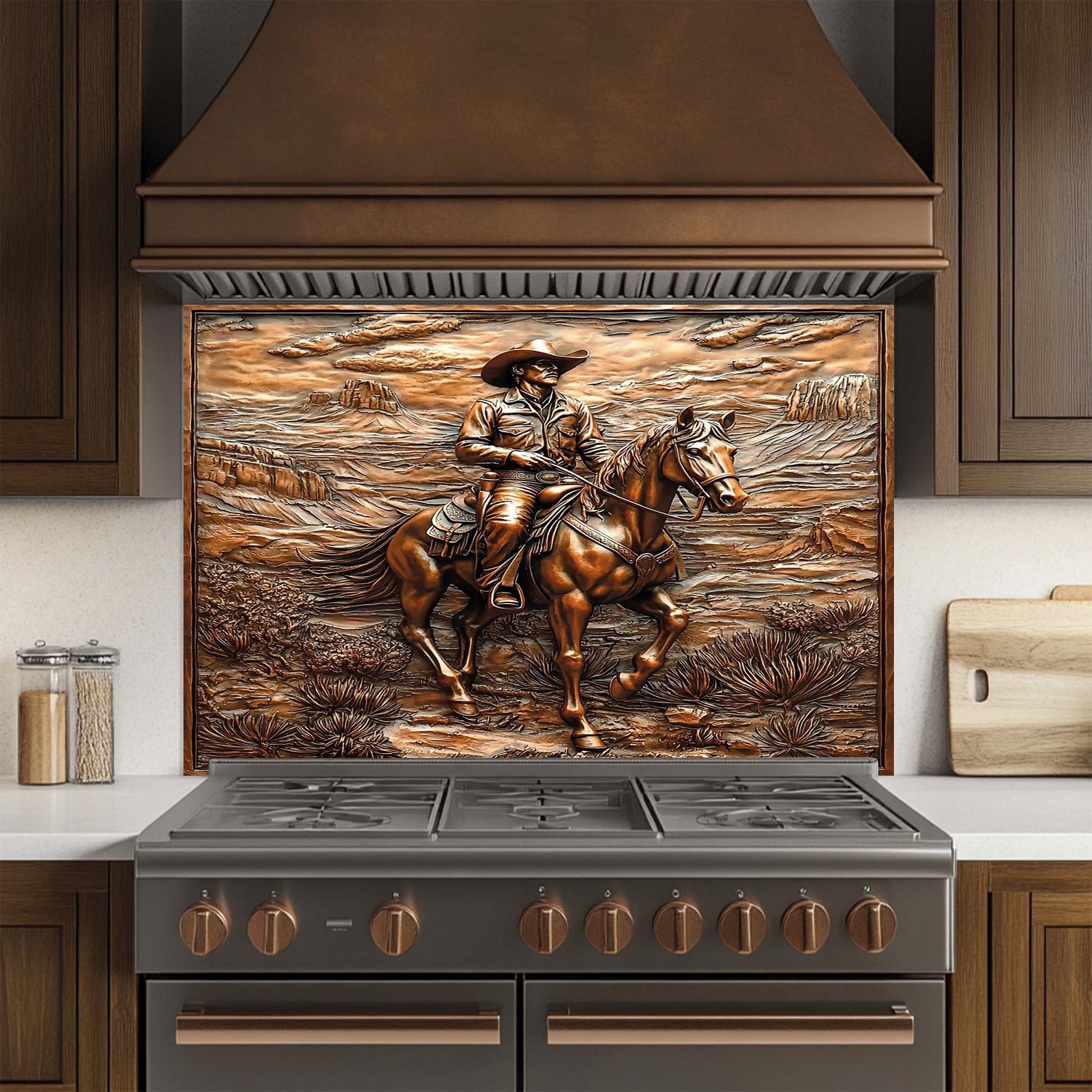 Copper-toned tempered glass backsplash with cowboy riding horse in desert canyon landscape