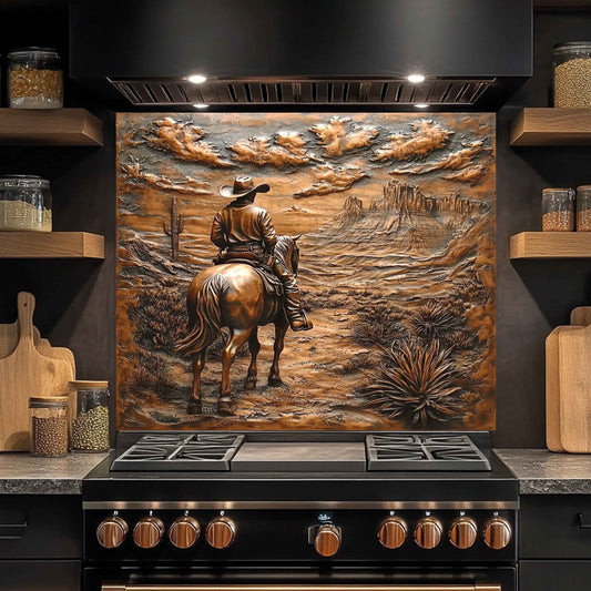 tempered glass backsplash of a cowboy on horseback over a stove in a kitchen.
