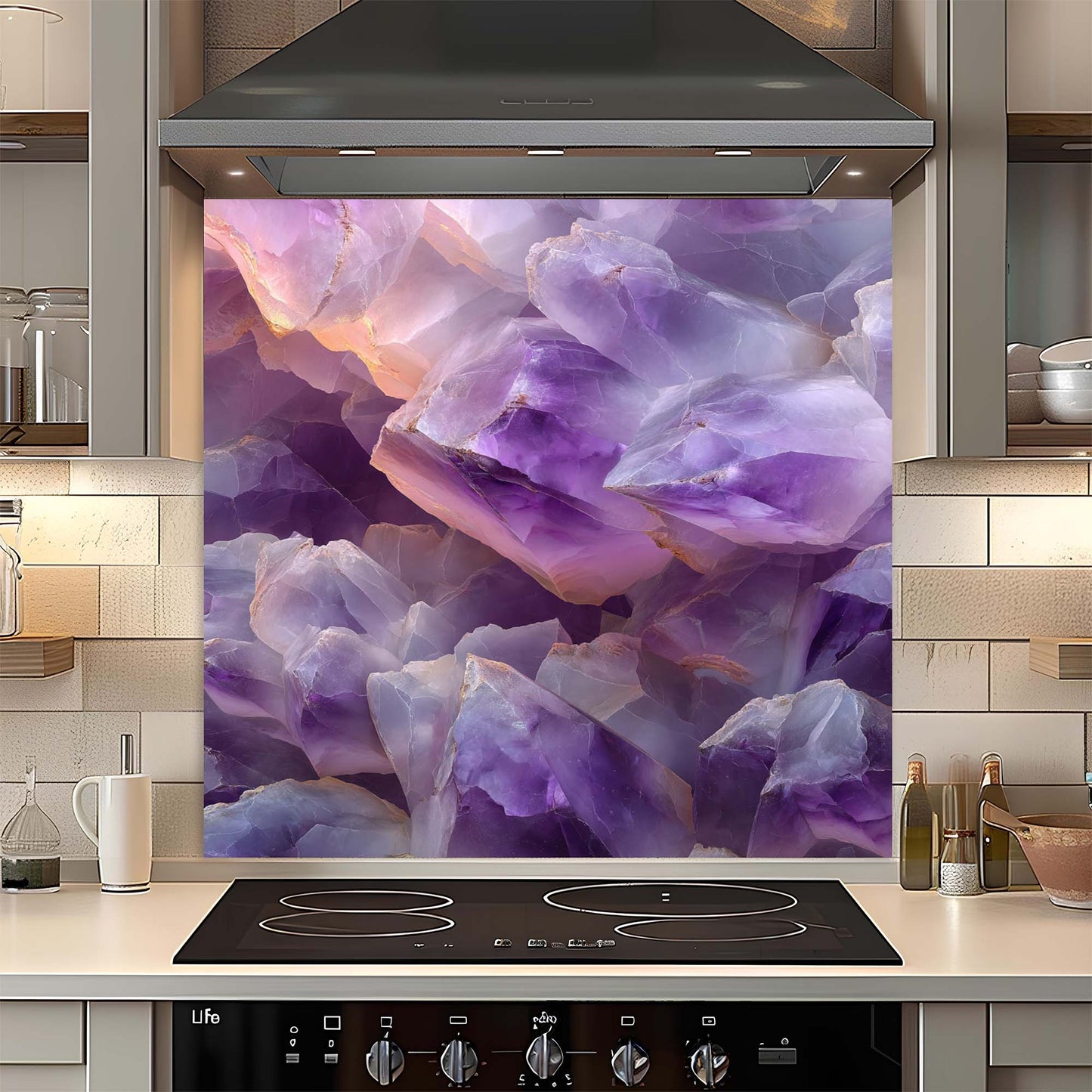 Glass backsplash with purple and white abstract design in a kitchen setting