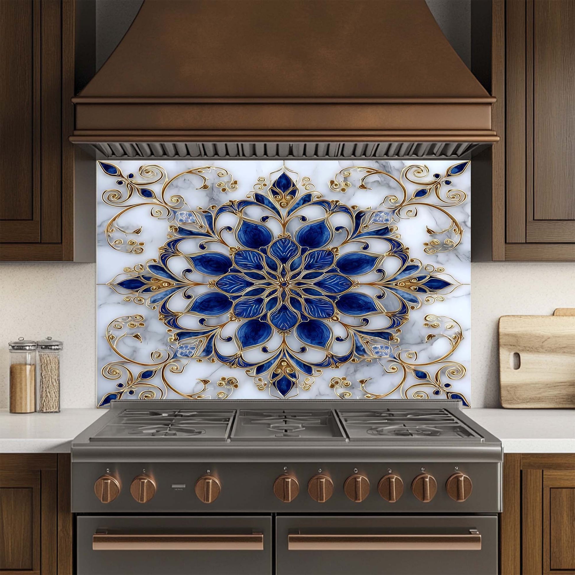 Decorative glass backsplash with blue and gold pattern above a stove in a kitchen.