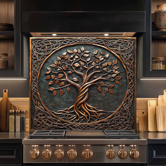 Tempered glass backsplash with tree design above a stove in a kitchen setting