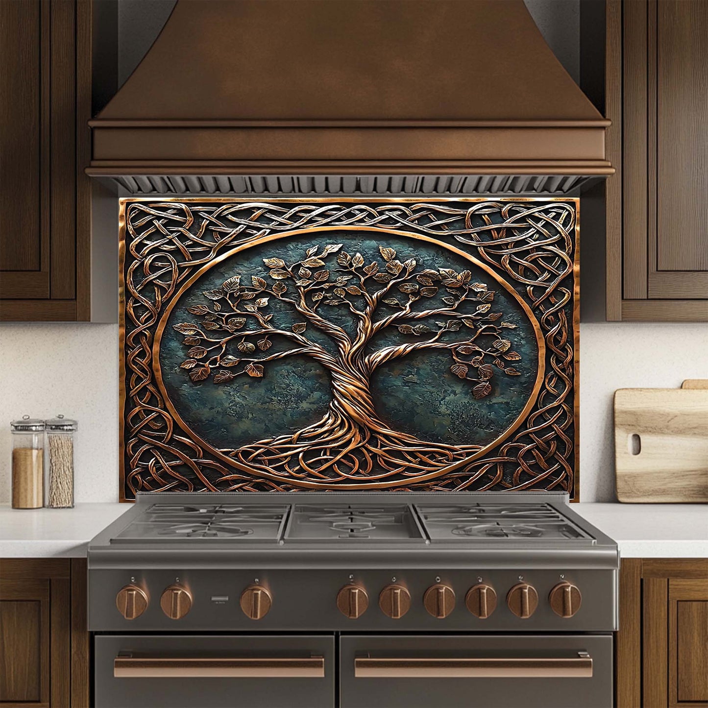 Decorative glass backsplash with tree design above a stove in a kitchen.