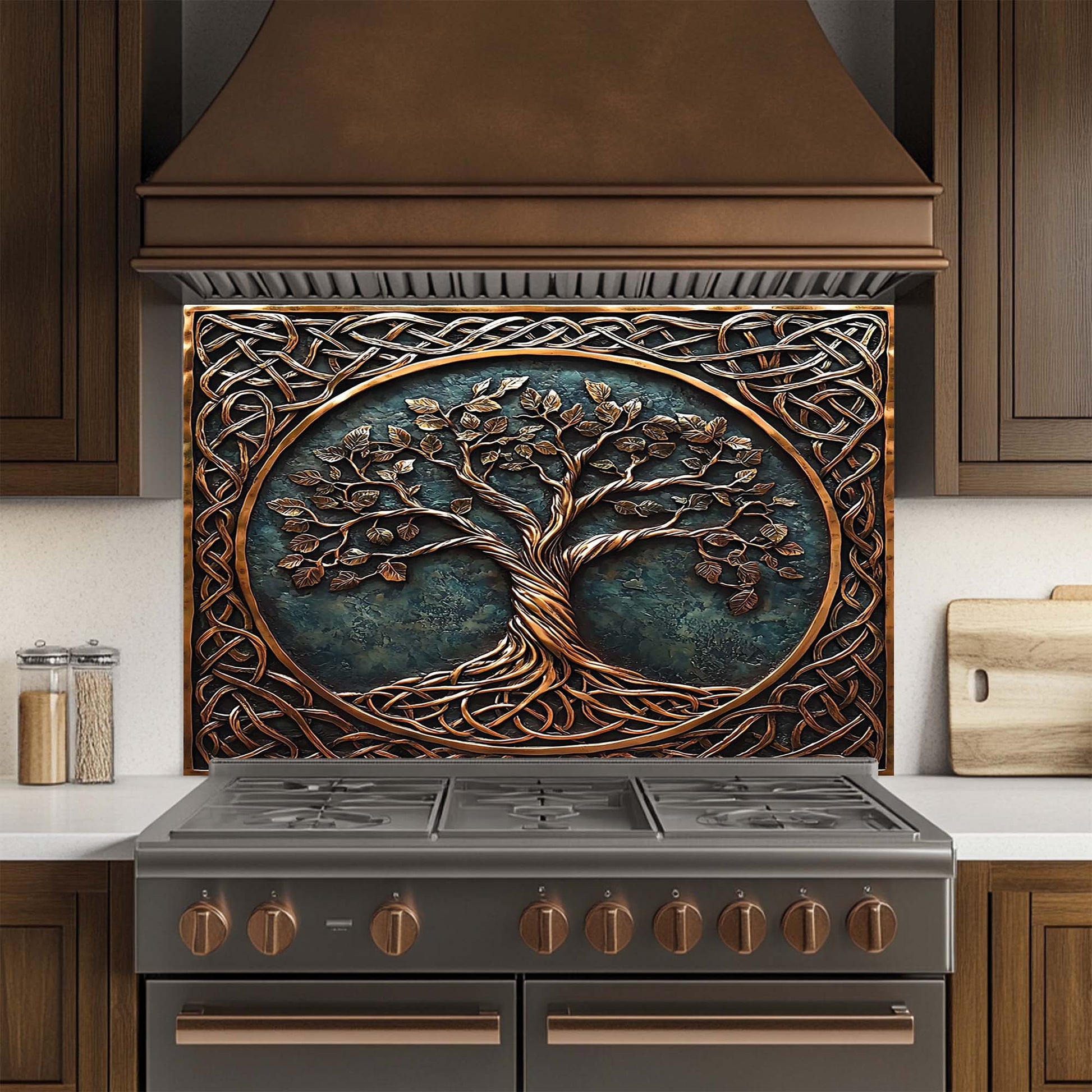 Decorative glass backsplash with tree design above a stove in a kitchen.