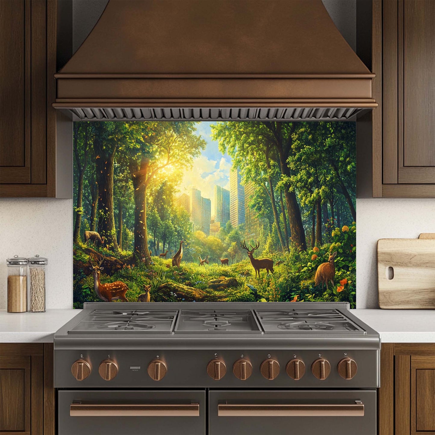 Kitchen with a decorative glass backsplash featuring a forest scene with deer.