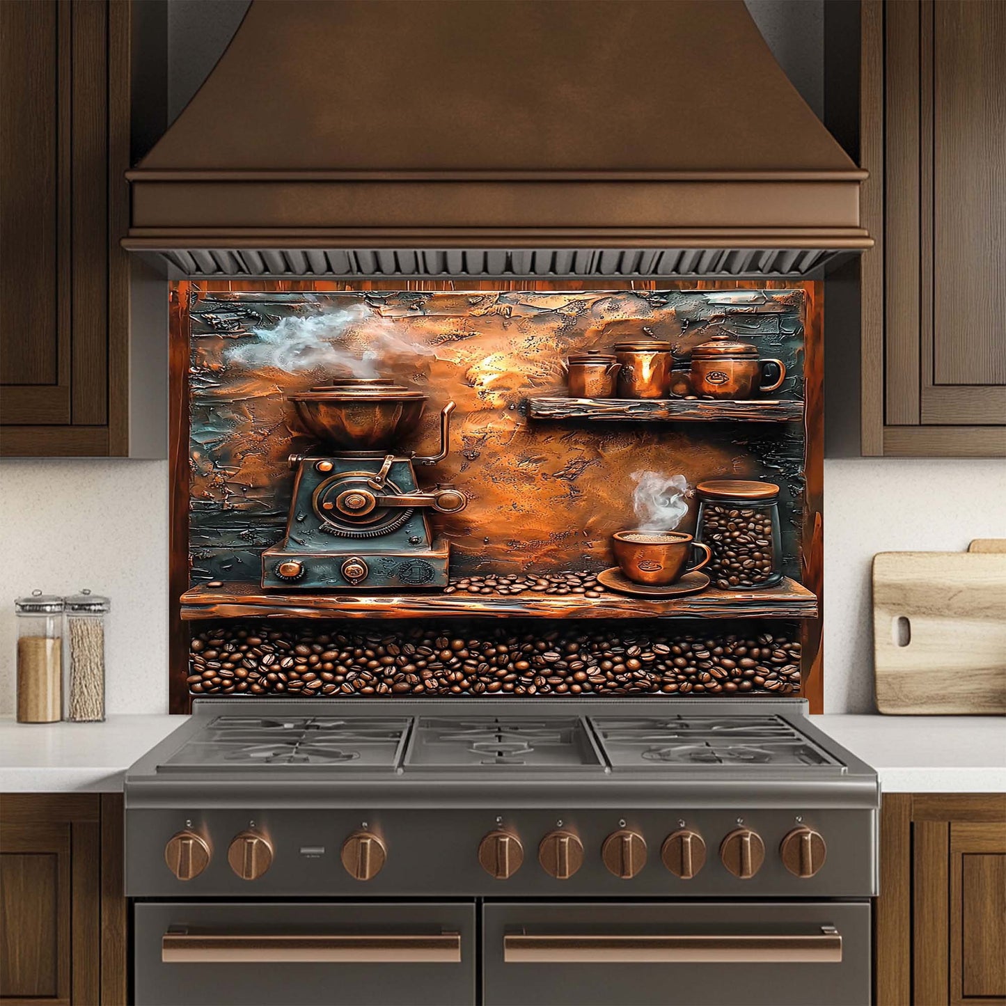 Decorative glass backsplash with coffee-themed design above a stove in a kitchen.