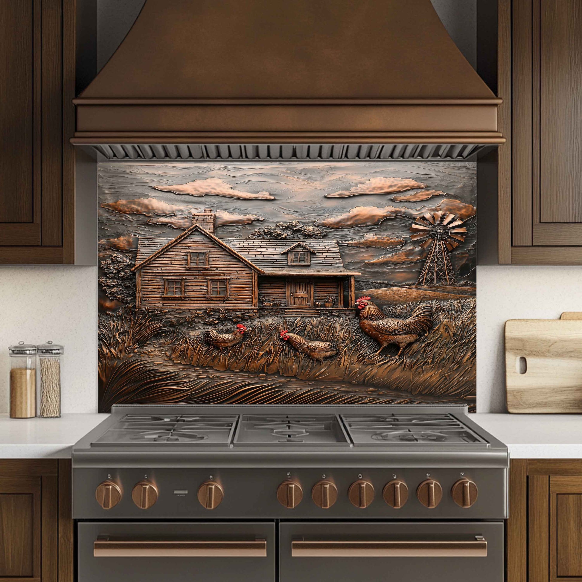 Decorative backsplash with a farm scene above a stove in a kitchen.