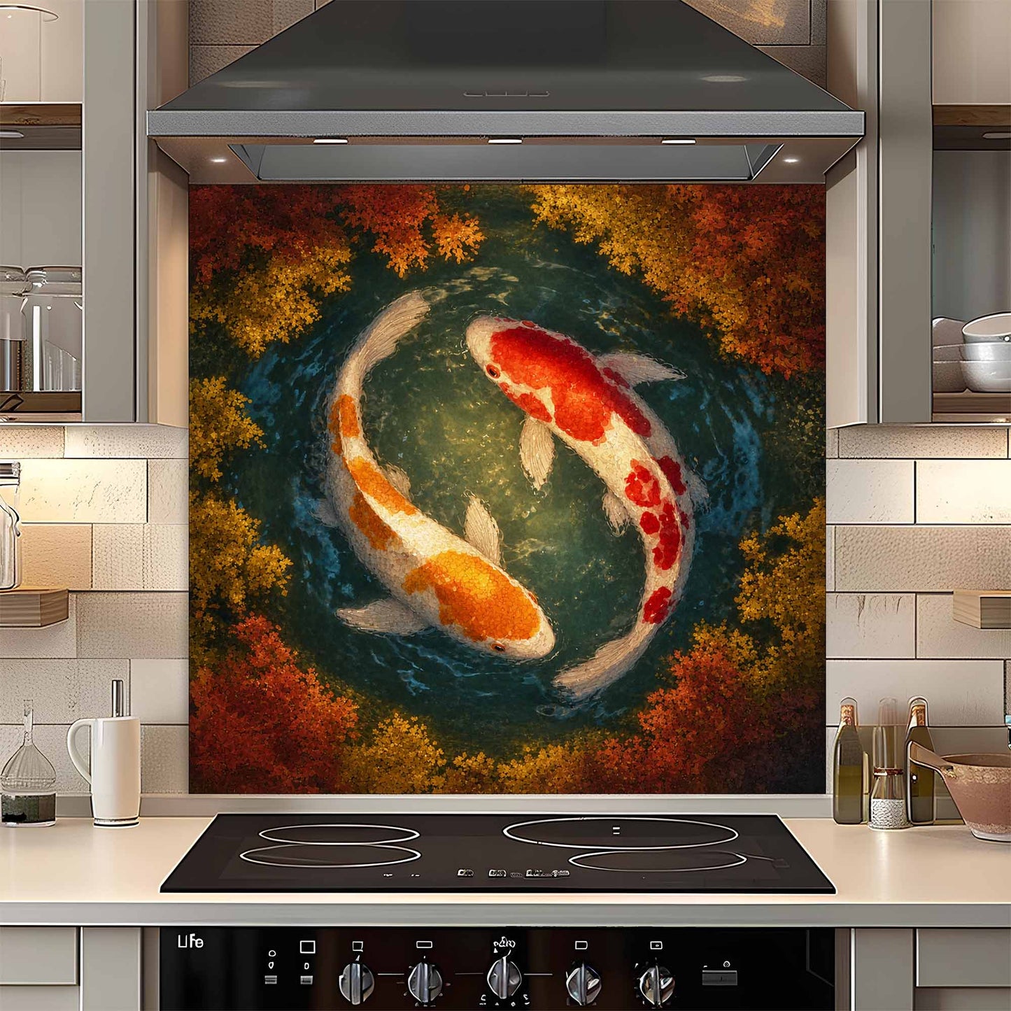 Decorative glass backsplash with koi fish design in a kitchen setting