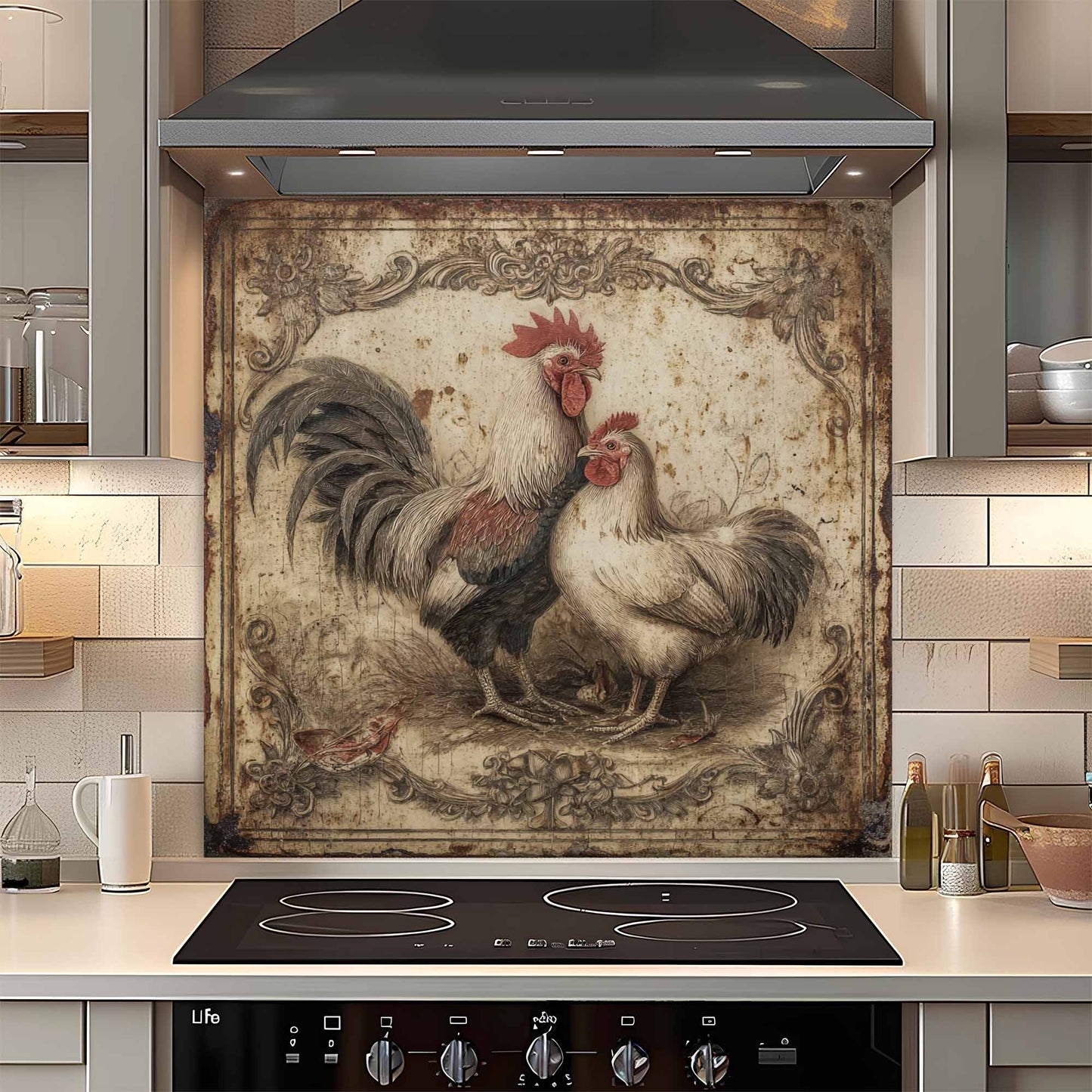 Kitchen with a decorative glass backsplash featuring roosters.