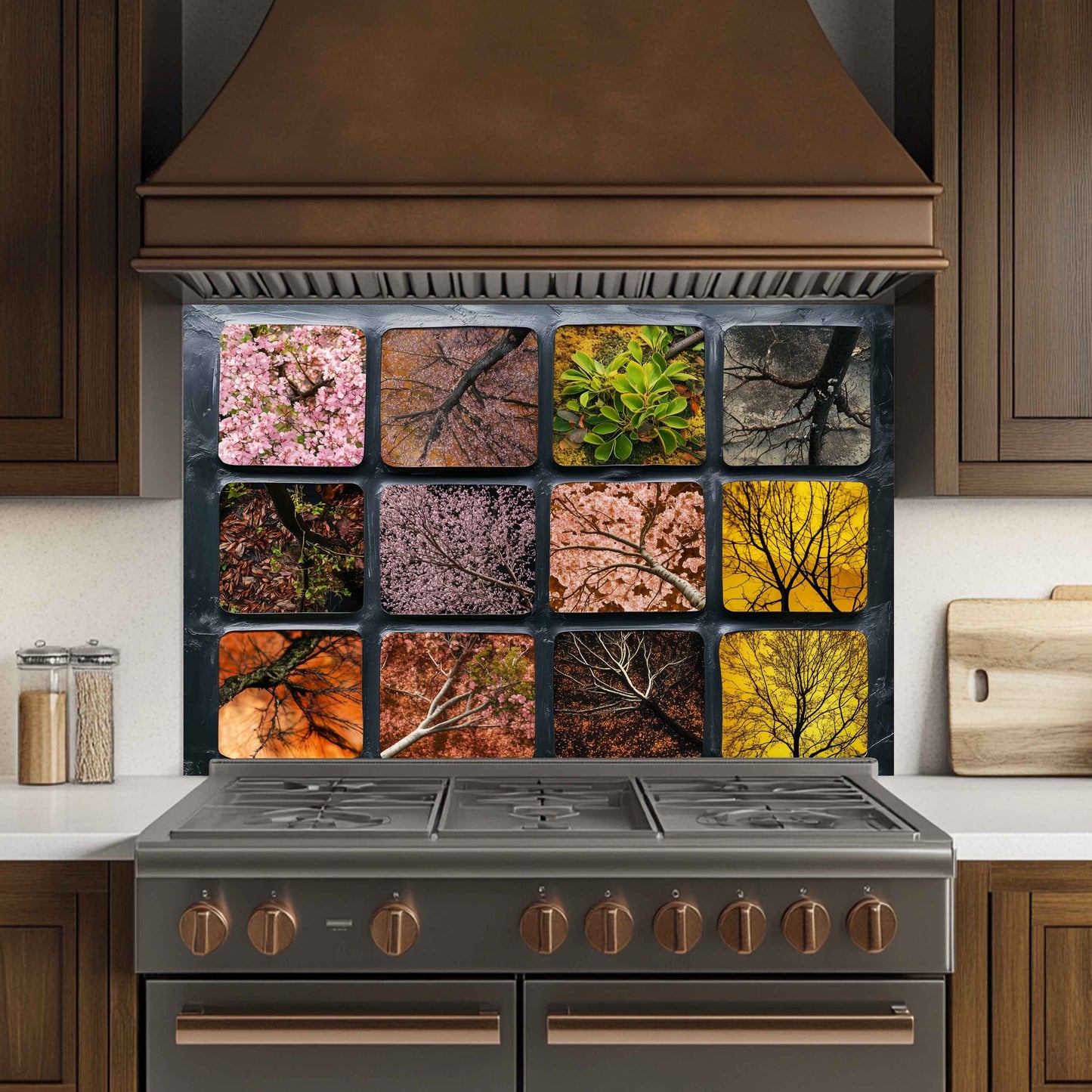 Stainless steel stove with decorative backsplash featuring nature-themed tiles in a kitchen setting.