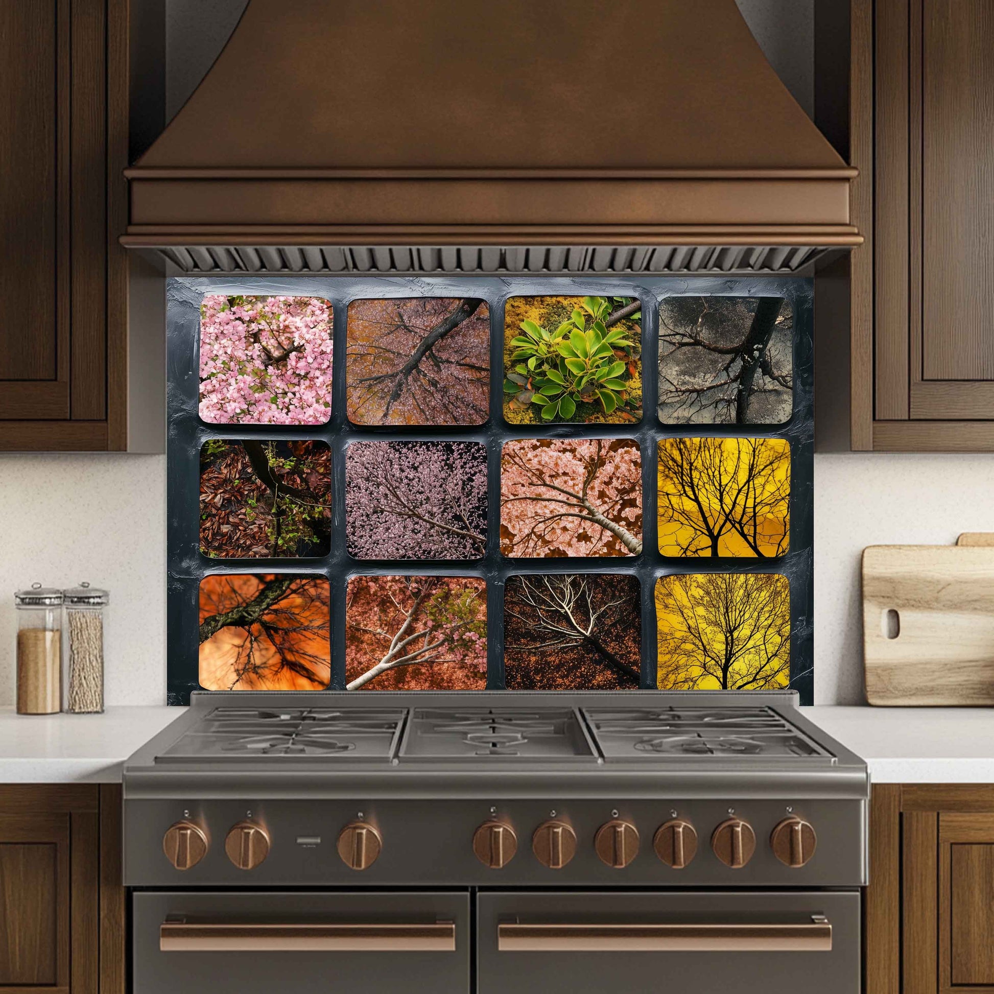 Stainless steel stove with decorative backsplash featuring nature-themed tiles in a kitchen setting.