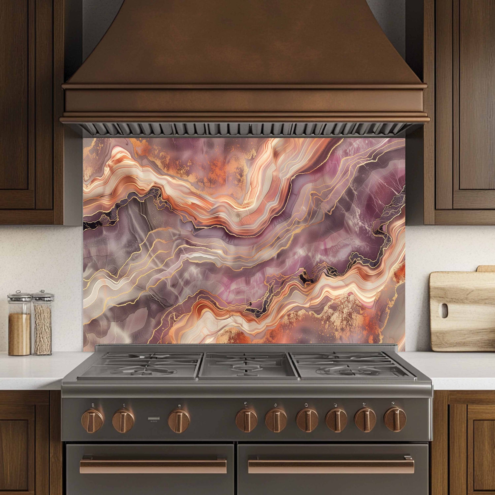 Stainless steel stove with a decorative agate pattern backsplash in a kitchen setting.