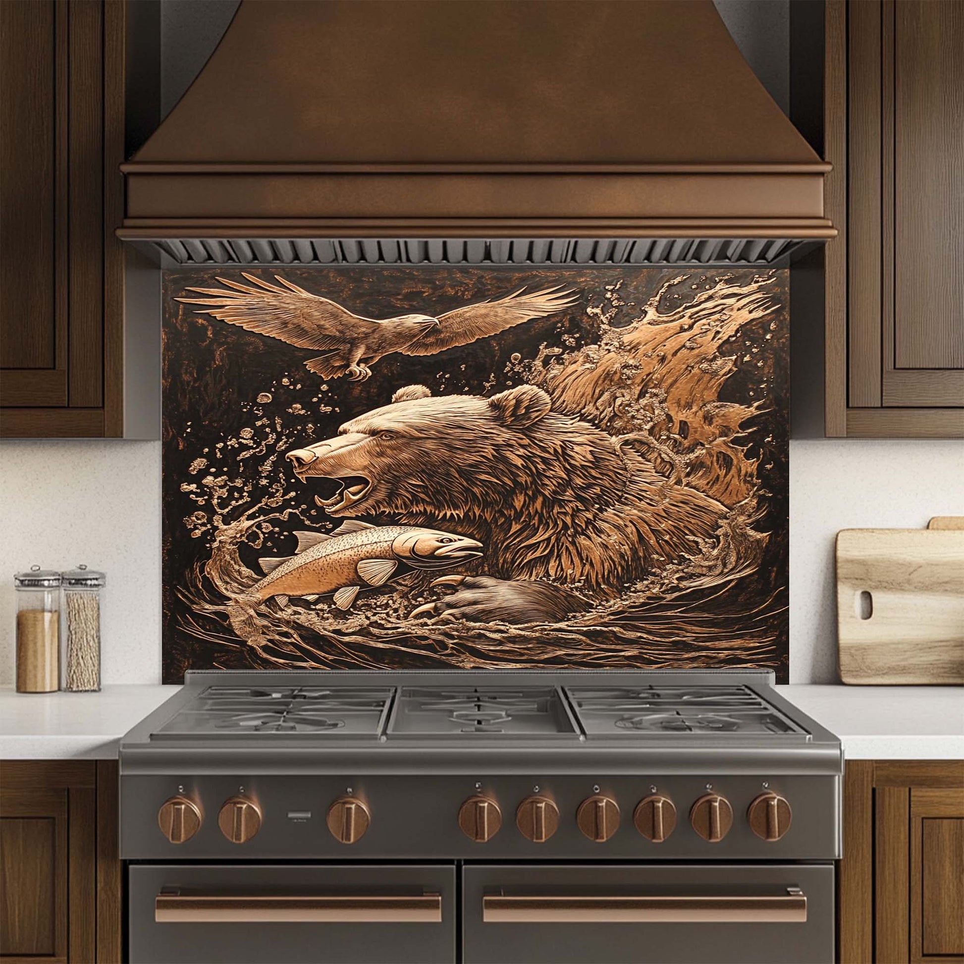 Decorative glass backsplash with bear and eagle design above a stove in a kitchen.