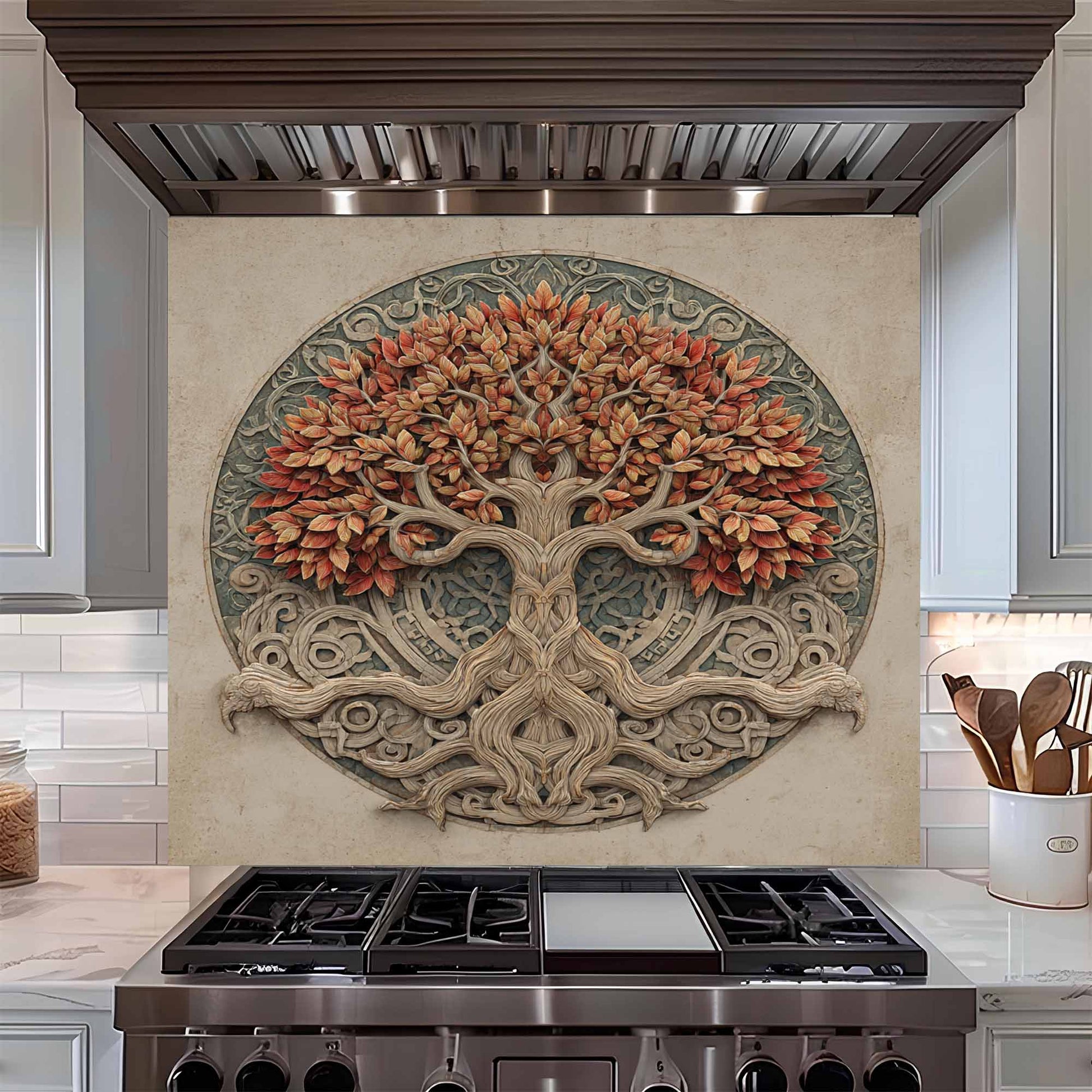 Decorative backsplash of a tree with autumn leaves above a kitchen stove.