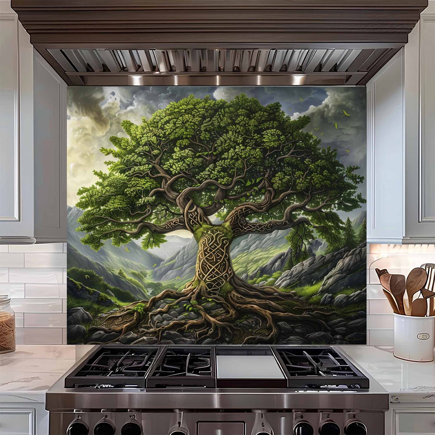 Kitchen stove with a decorative backsplash featuring a tree design
