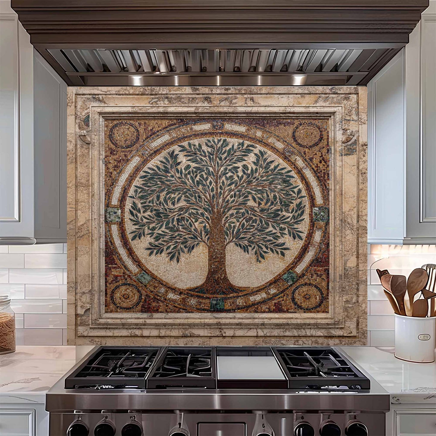 Kitchen with a decorative backsplash featuring a tree design above a stove.