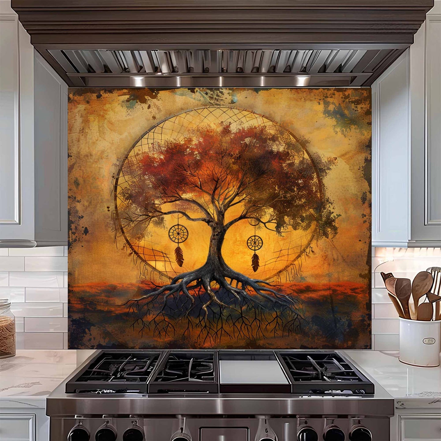 Decorative glass backsplash with a tree design above a stove in a kitchen.