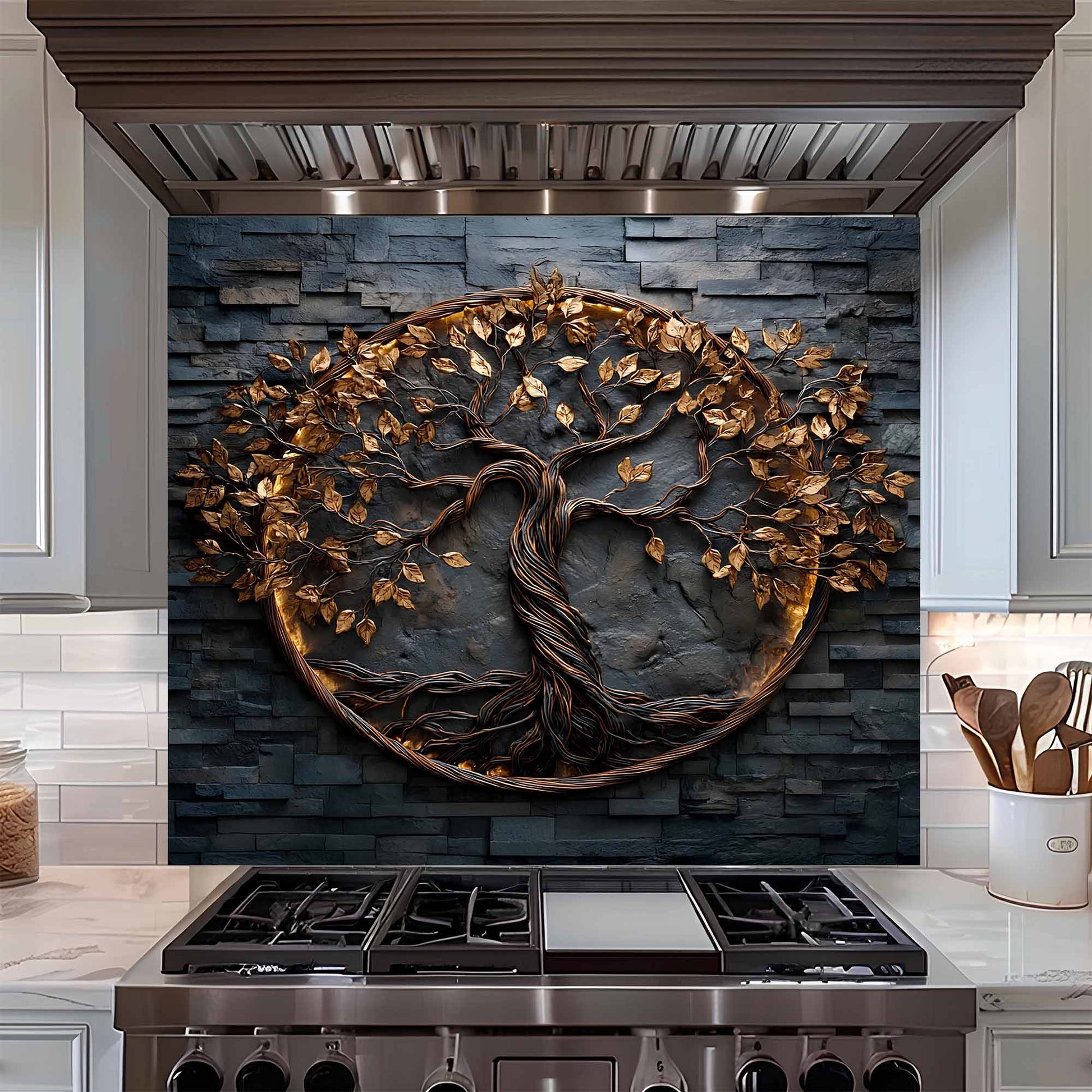 Tempered glass kitchen backsplash of a tree with gold leaves on a kitchen wall above a stove.