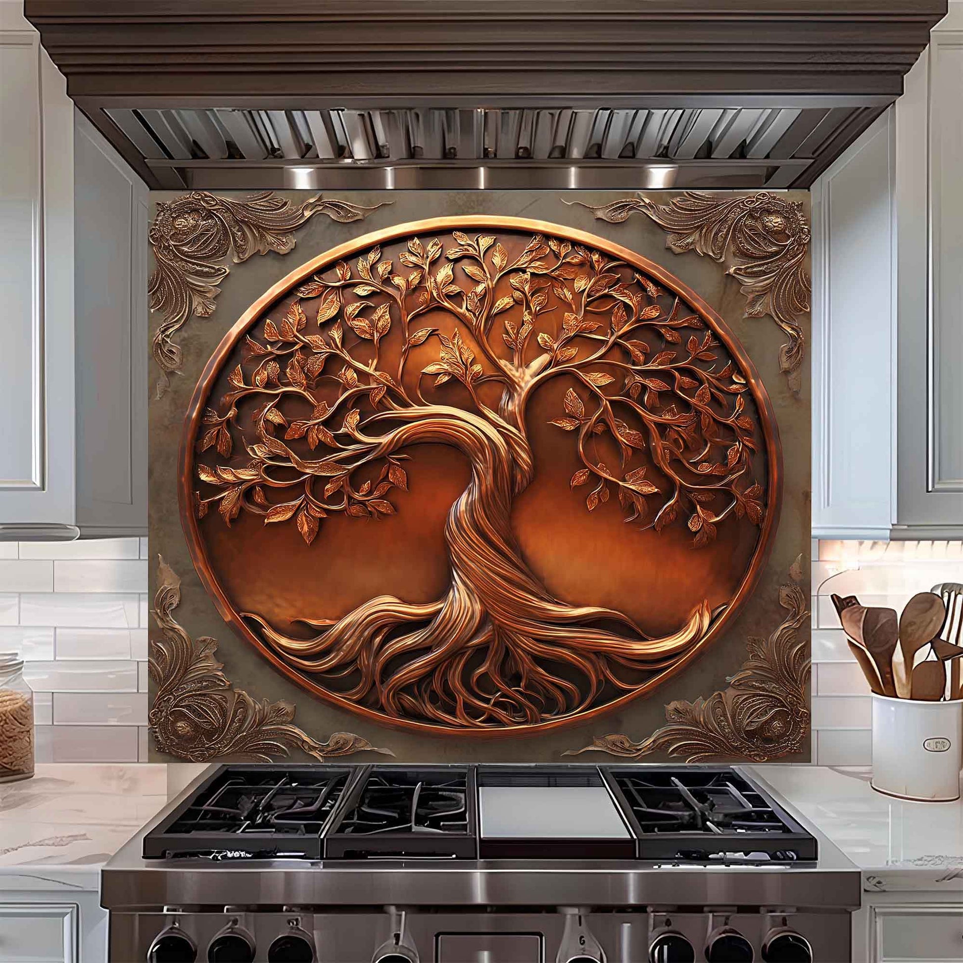 Decorative wall art above a stove in a kitchen