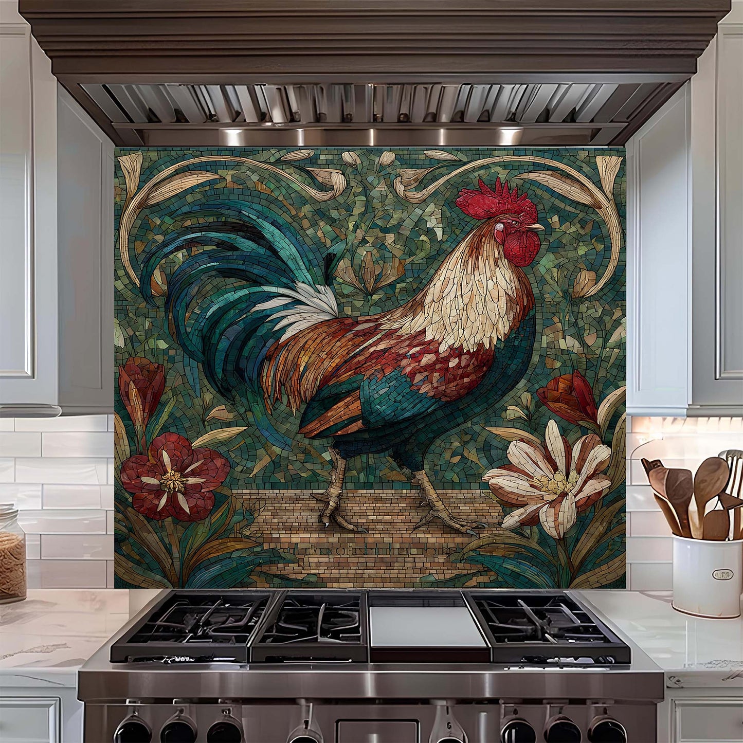 Decorative glass backsplash with a rooster design above a stove in a kitchen.