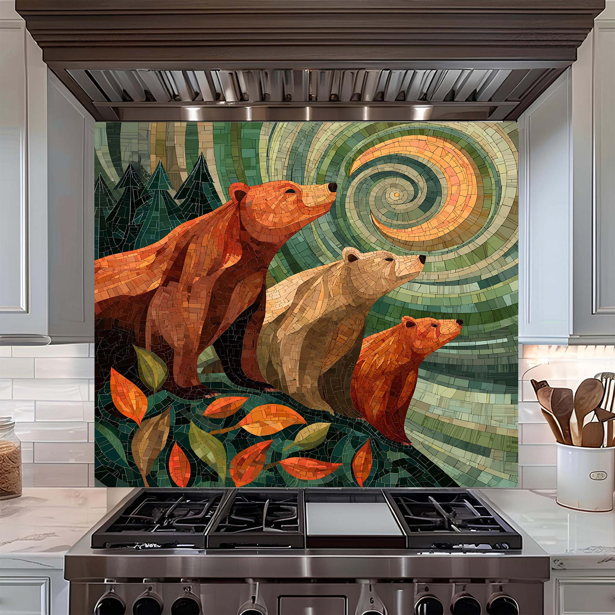 A symbolic bear family gazing at a spiral sky, printed on a tempered glass backsplash that adds warmth, meaning, and woodland calm to kitchens.