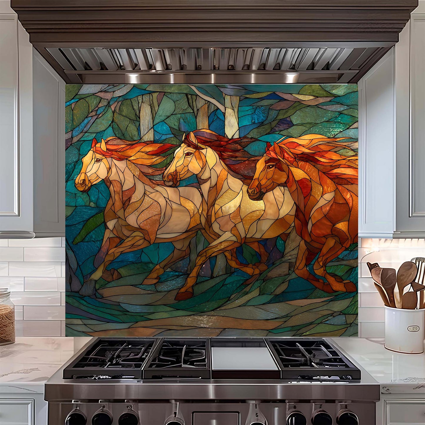 Three running horses in a stained glass forest design on tempered glass backsplash, creating a bold, elegant kitchen focal point.