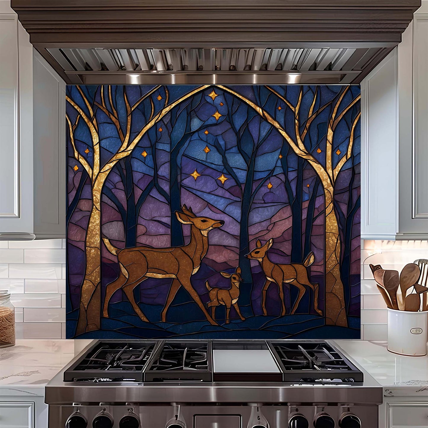 A serene deer family beneath a starlit forest sky on tempered glass backsplash, bringing warmth, nature, and harmony to kitchens.