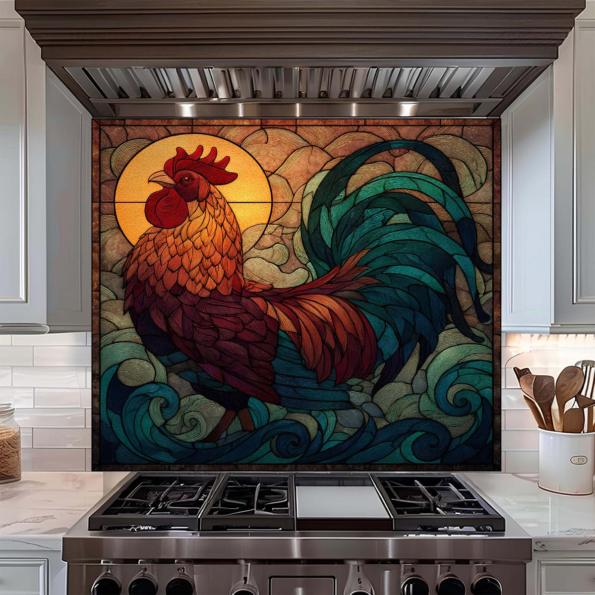 Decorative glass backsplash with a colorful rooster design above a stove in a kitchen.