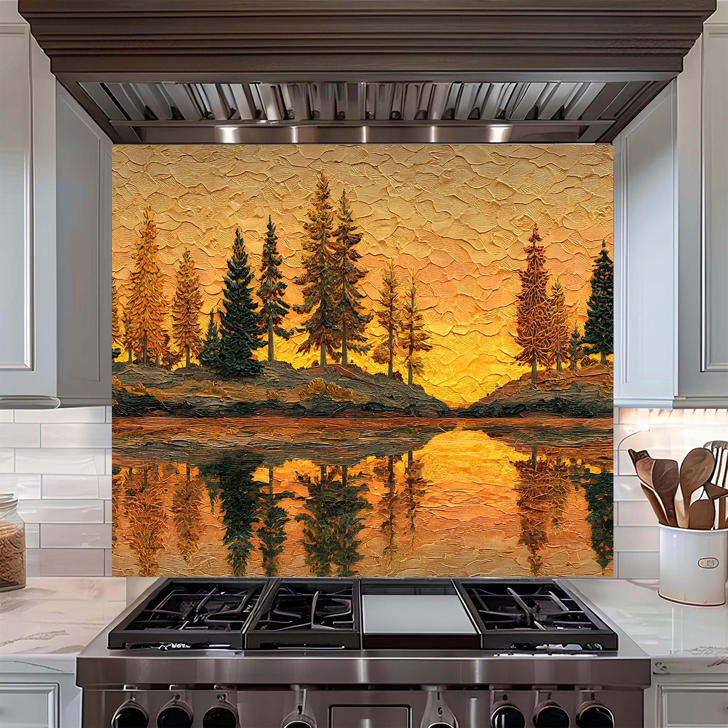 Kitchen stove with a decorative glass splashback featuring a sunset over trees and water.