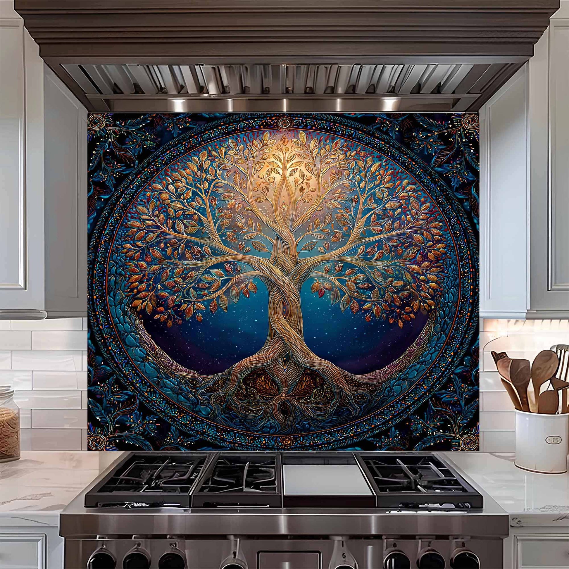 Decorative wall mural with a tree design above a stove in a kitchen.
